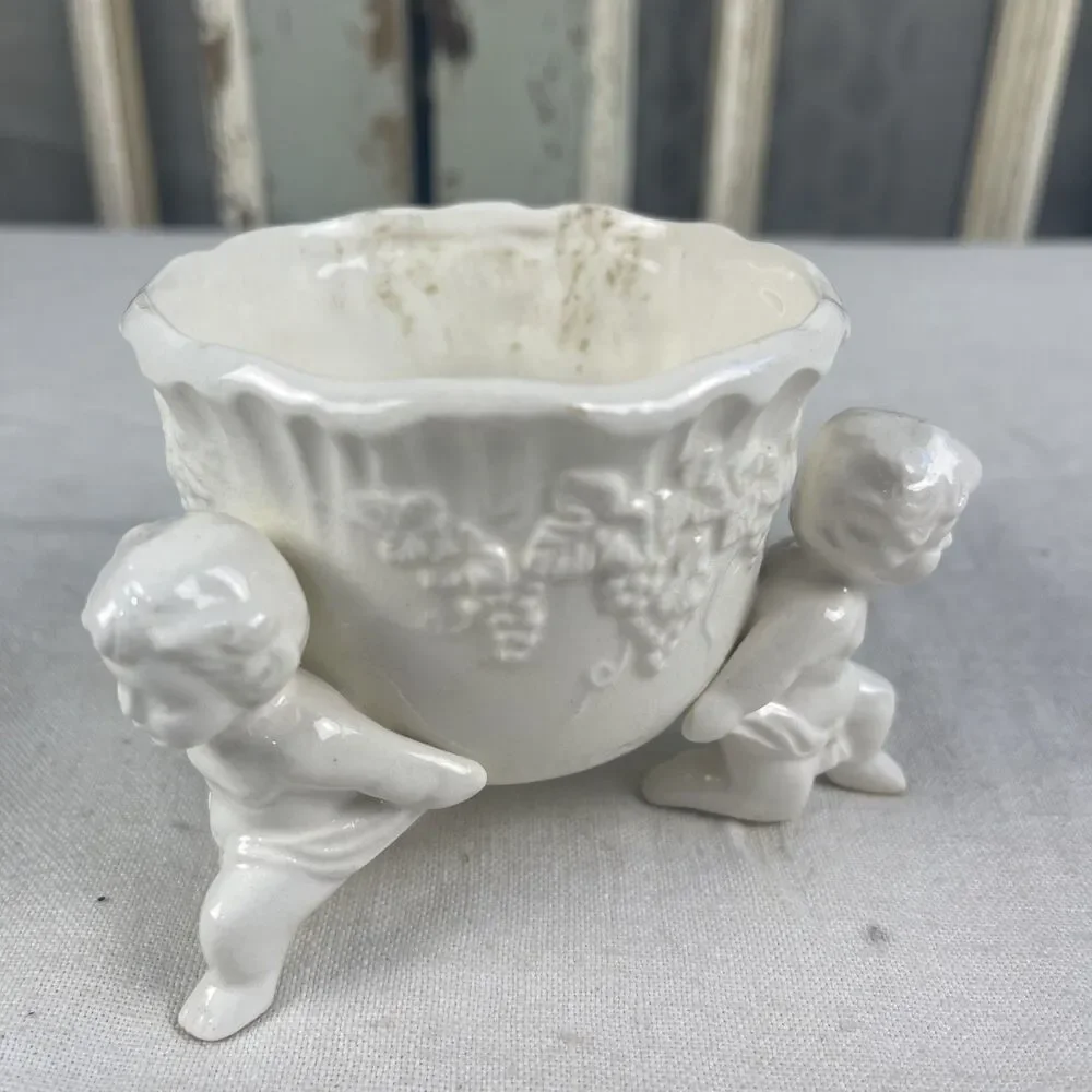 Vintage White Ceramic Planter w/ 3 Cherubs - Embossed Grapes Lefton Japan